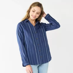 Women's Sonoma Goods For Life® Essential Everyday Button-Down Shirt -Sonoma Clothing Store 4991213 Blue Multi Stripe