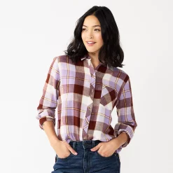Women's Sonoma Goods For Life® Essential Everyday Button-Down Shirt -Sonoma Clothing Store 4991213 Brown Purple Plaid