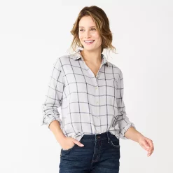 Women's Sonoma Goods For Life® Essential Everyday Button-Down Shirt -Sonoma Clothing Store 4991213 Gray Blue Plaid