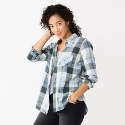 Women's Sonoma Goods For Life® Essential Everyday Button-Down Shirt -Sonoma Clothing Store 4991213 Green Blue Plaid