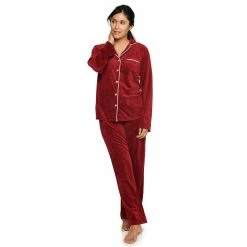 Women's Sonoma Goods For Life® Velour Long Sleeve Pajama Shirt & Pajama Pants Sleep Set -Sonoma Clothing Store 5033010 Red Embossed Heart
