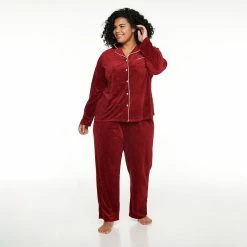 Plus Size Sonoma Goods For Life® Velour Pajama Shirt & Pajama Pants Set -Sonoma Clothing Store 5033014 Red Embossed Heart