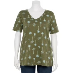 Plus Size Sonoma Goods For Life® Everyday V-Neck Tee -Sonoma Clothing Store 5232145 Olive Teal Palm Trees