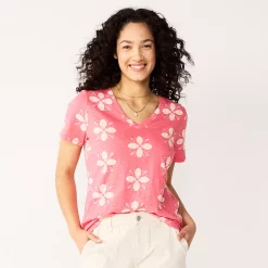 Plus Size Sonoma Goods For Life® Everyday V-Neck Tee -Sonoma Clothing Store 5232145 Pink Geo Flower
