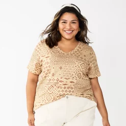 Plus Size Sonoma Goods For Life® Everyday V-Neck Tee -Sonoma Clothing Store 5232145 Tan Geo Ikat