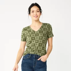 Petite Sonoma Goods For Life® Everyday Short Sleeve V-Neck Tee -Sonoma Clothing Store 5234230 Olive Check Floral