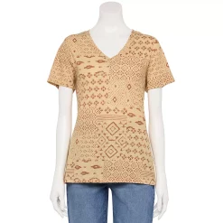 Petite Sonoma Goods For Life® Everyday Short Sleeve V-Neck Tee -Sonoma Clothing Store 5234230 Tan Patchwork