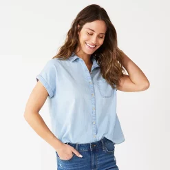 Petite Sonoma Goods For Life® Short Sleeve Button Down Shirt -Sonoma Clothing Store 5243772 Light Wash Chambray