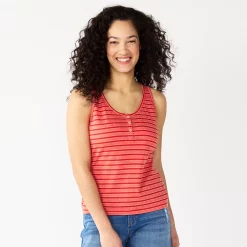 Women's Sonoma Goods For Life® Striped Henley Tank -Sonoma Clothing Store 5542172 Red Coral Stripe