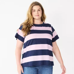 Petite Plus Size Sonoma Goods For Life® Crewneck Tee -Sonoma Clothing Store 5572597 Purp Navy Rugby Stripe
