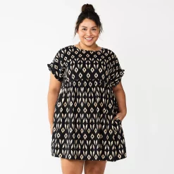 Plus Size Sonoma Goods For Life® Ruffled A-Line Mini Dress -Sonoma Clothing Store 5584068 Black Ikat