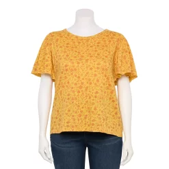 Plus Size Sonoma Goods For Life Seamed Flutter Sleeve Top -Sonoma Clothing Store 5588211 Gold Red Floral