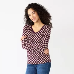 Women's Sonoma Goods For Life® Everyday V-Neck Long Sleeve Tee -Sonoma Clothing Store 5625801 Berry Checkerboard
