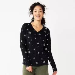Women's Sonoma Goods For Life® Everyday V-Neck Long Sleeve Tee -Sonoma Clothing Store 5625801 Black Scatter Floral