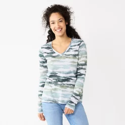 Women's Sonoma Goods For Life® Everyday V-Neck Long Sleeve Tee -Sonoma Clothing Store 5625801 Blue Animal Print