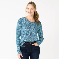 Women's Sonoma Goods For Life® Everyday V-Neck Long Sleeve Tee -Sonoma Clothing Store 5625801 Blue Floral