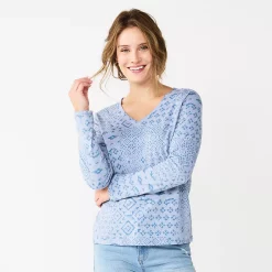 Women's Sonoma Goods For Life® Everyday V-Neck Long Sleeve Tee -Sonoma Clothing Store 5625801 Blue Patchwork