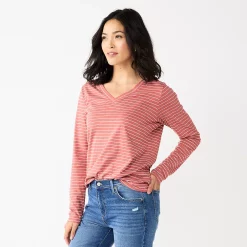 Women's Sonoma Goods For Life® Everyday V-Neck Long Sleeve Tee -Sonoma Clothing Store 5625801 Mauve Stripe
