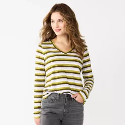 Women's Sonoma Goods For Life® Everyday V-Neck Long Sleeve Tee -Sonoma Clothing Store 5625801 Olive Stripe