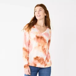 Women's Sonoma Goods For Life® Everyday V-Neck Long Sleeve Tee -Sonoma Clothing Store 5625801 Pink Neutral Tie Dye