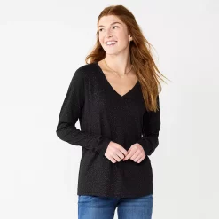 Women's Sonoma Goods For Life® Everyday V-Neck Long Sleeve Tee -Sonoma Clothing Store 5625801 Shine Black