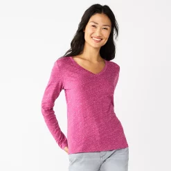 Women's Sonoma Goods For Life® Everyday V-Neck Long Sleeve Tee -Sonoma Clothing Store 5625801 Texture Dark Pink