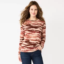 Women's Sonoma Goods For Life® Everyday Crewneck Long Sleeve Tee -Sonoma Clothing Store 5625802 Tan Abstract Animal