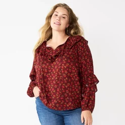 Plus Size Sonoma Goods For Life® Ruffle Peasant Top -Sonoma Clothing Store 5662063 Red Mini Floral
