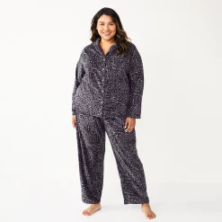 Plus Size Sonoma Goods For Life® Velour Pajama Shirt & Pajama Pants Sleep Set -Sonoma Clothing Store 5675146 Black Leopard