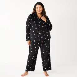 Plus Size Sonoma Goods For Life® Velour Pajama Shirt & Pajama Pants Sleep Set -Sonoma Clothing Store 5675146 Black Starry