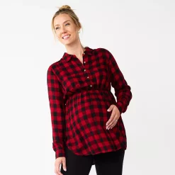 Maternity Sonoma Goods For Life® Belted Empire-Waist Tunic Shirt -Sonoma Clothing Store 5679572 Red Plaid