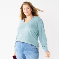 Plus Size Sonoma Goods For Life® Smocked Sleeve V-Neck Top -Sonoma Clothing Store 5689960 Light Blue