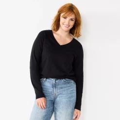 Petite Sonoma Goods For Life® Everyday Long Sleeve V-Neck Top -Sonoma Clothing Store 5705363 Black