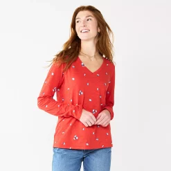 Petite Sonoma Goods For Life® Everyday Long Sleeve V-Neck Top -Sonoma Clothing Store 5705363 Red Scatter Floral