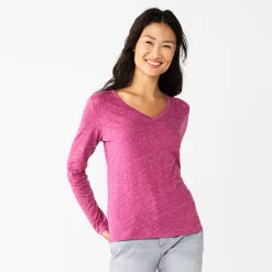 Petite Sonoma Goods For Life® Everyday Long Sleeve V-Neck Top -Sonoma Clothing Store 5705363 Texture Dark Pink