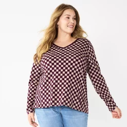 Plus Size Sonoma Goods For Life® Favorite Long Sleeve V-Neck Tee -Sonoma Clothing Store 5705505 Berry Checkerboard