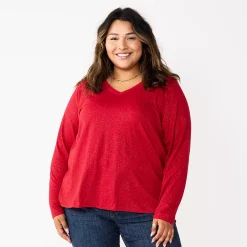 Plus Size Sonoma Goods For Life® Favorite Long Sleeve V-Neck Tee -Sonoma Clothing Store 5705505 Inviting Red