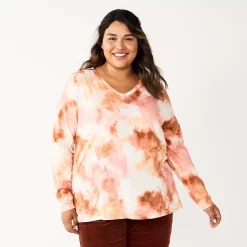 Plus Size Sonoma Goods For Life® Favorite Long Sleeve V-Neck Tee -Sonoma Clothing Store 5705505 Pink Multi Dye