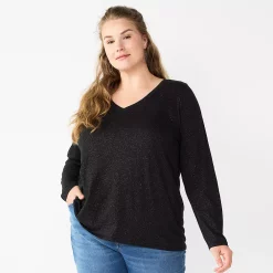 Plus Size Sonoma Goods For Life® Favorite Long Sleeve V-Neck Tee -Sonoma Clothing Store 5705505 Pitch Black