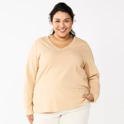 Plus Size Sonoma Goods For Life® Favorite Long Sleeve V-Neck Tee -Sonoma Clothing Store 5705505 Tan