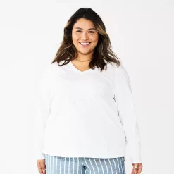 Plus Size Sonoma Goods For Life® Favorite Long Sleeve V-Neck Tee -Sonoma Clothing Store 5705505 White