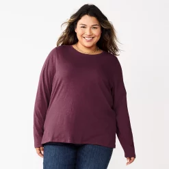 Plus Size Sonoma Goods For Life® Everyday Crewneck Long Sleeve Top -Sonoma Clothing Store 5714078 Berry