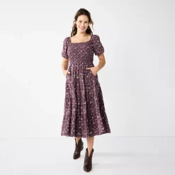 Women's Sonoma Goods For Life® Smocked Tiered Midi Dress -Sonoma Clothing Store 5804206 Plum Floral