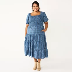 Plus Size Sonoma Goods For Life® Smocked Tiered Midi Dress -Sonoma Clothing Store 5805883 Slate Blue Floral