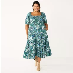 Plus Size Sonoma Goods For Life® Smocked Tiered Midi Dress -Sonoma Clothing Store 5805883 Teal Floral