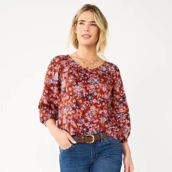 Women's Sonoma Goods For Life® Three-Quarter Sleeve Top -Sonoma Clothing Store 5806184 Red Multi Floral