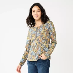 Women's Sonoma Goods For Life® Essential Henley Top -Sonoma Clothing Store 5816147 Gray Floral