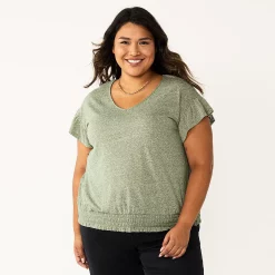 Plus Size Sonoma Goods For Life® Banded Bottom Ruffle Sleeve Top -Sonoma Clothing Store 5819597 Olive