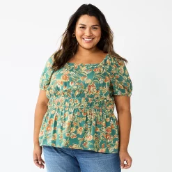 Plus Size Sonoma Goods For Life® Short Sleeve Squareneck Top -Sonoma Clothing Store 5850563 Green Floral