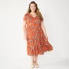 Plus Size Sonoma Goods For Life® Button Front Tiered Midi Dress -Sonoma Clothing Store 5927443 Rust Floral